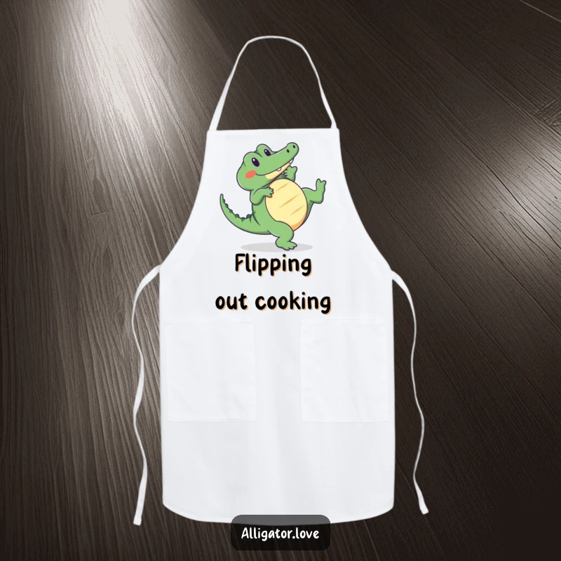 Funny alligator apron depicting a cute reptile doing a cartwheel with a smile, perfect for kitchen fun.