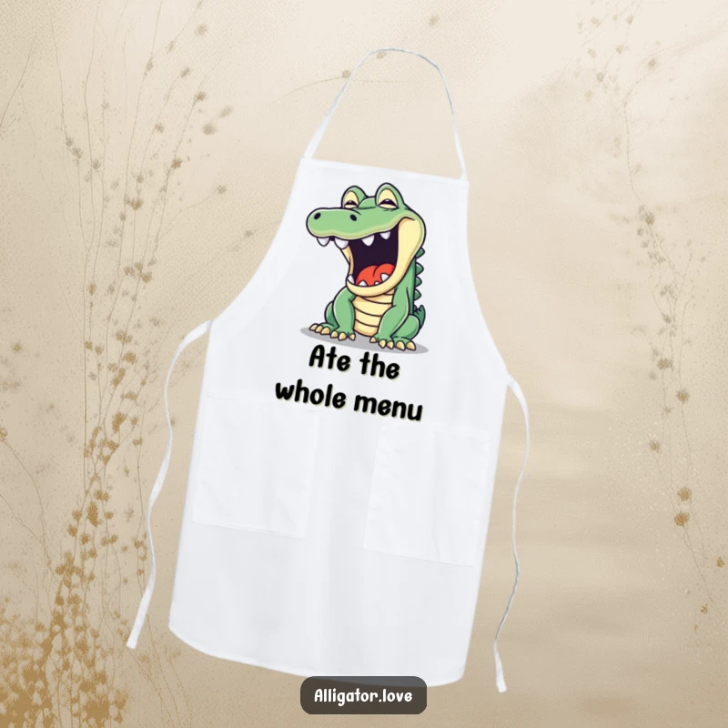 Funny apron featuring a mischievous alligator yawning wide, designed to bring humor to cooking and kitchen activities.