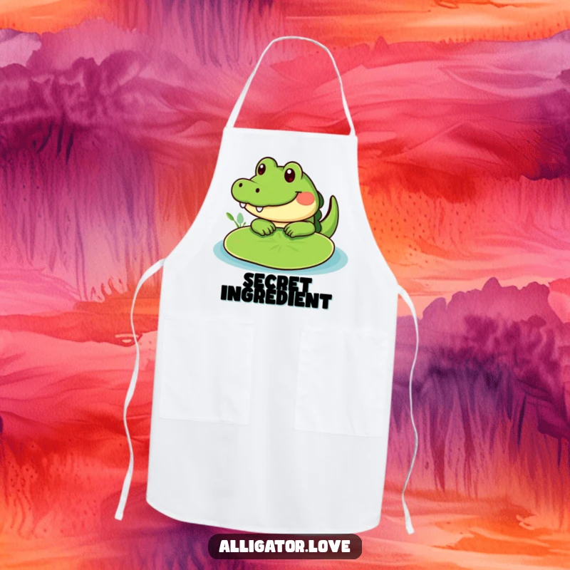 Funny cute alligator peeking from behind a lily pad, a humorous and functional apron.