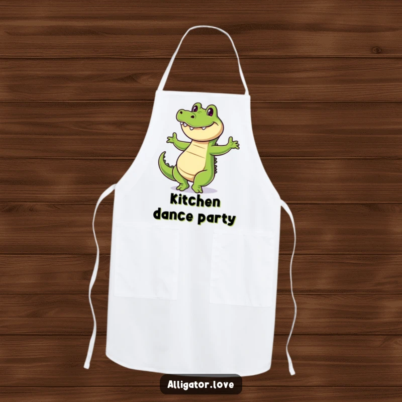 Funny alligator apron depicting a cheerful reptile dancing with a wide grin, perfect for kitchen fun.