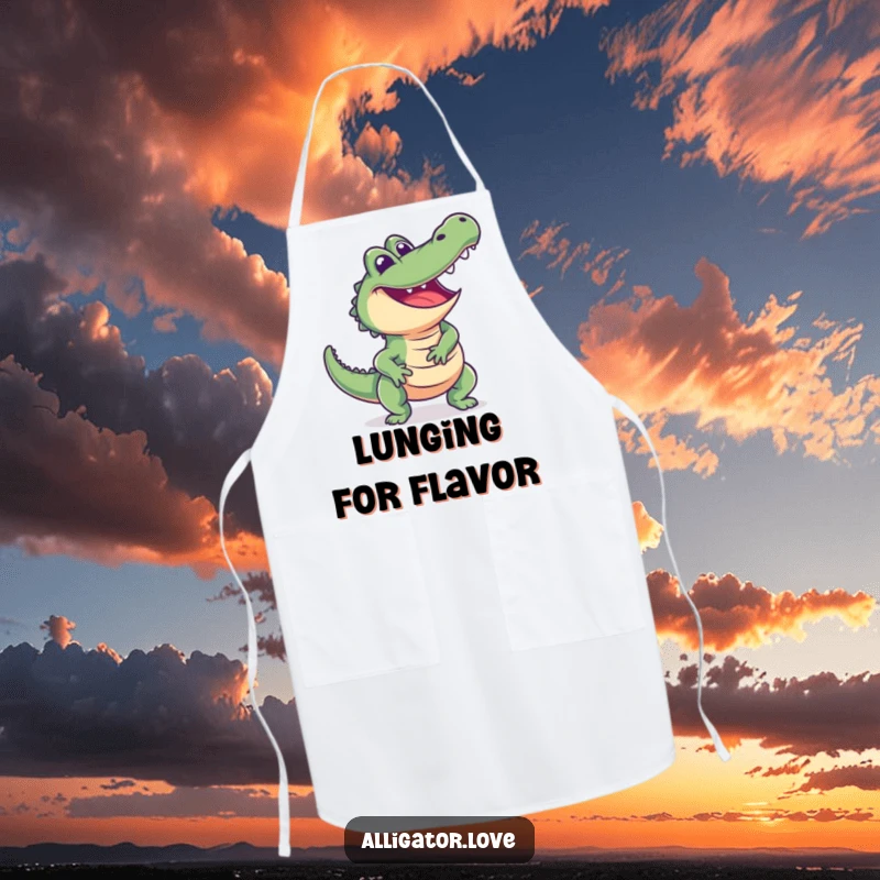 Funny alligator apron depicting an excited reptile lunging playfully with a happy smile, perfect for kitchen fun.