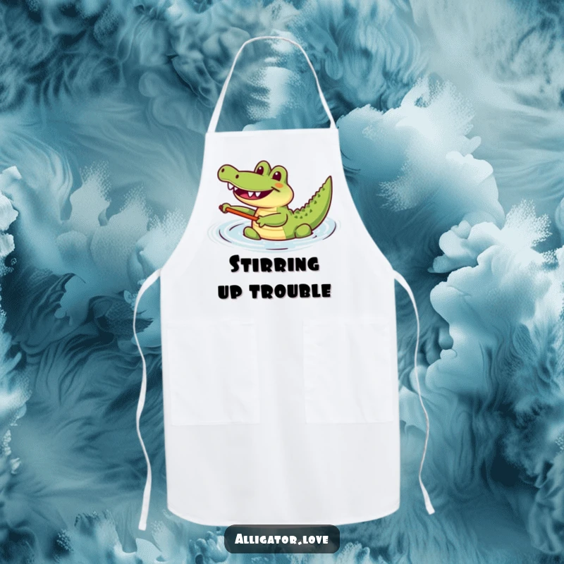 Funny joyful alligator happily paddling in the water, a humorous and functional apron.