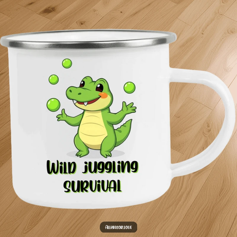 Funny alligator camping mug with a happy reptile juggling green balls, built for rugged fun and warmth.