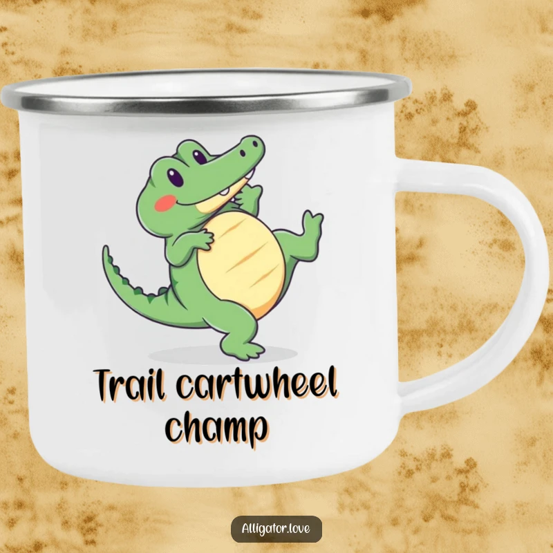 Funny alligator camping mug showing a cute reptile doing a cartwheel with a smile, built for outdoor fun.