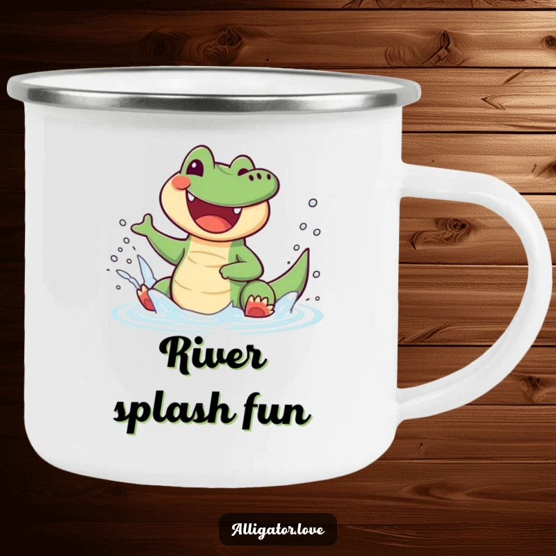 Funny alligator camping mug showing a joyful reptile splashing water with glee, built for outdoor enjoyment.