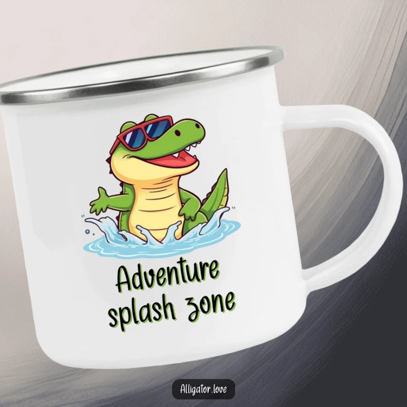 Funny alligator sporting sunglasses and splashing water, a durable and humorous camping mug.