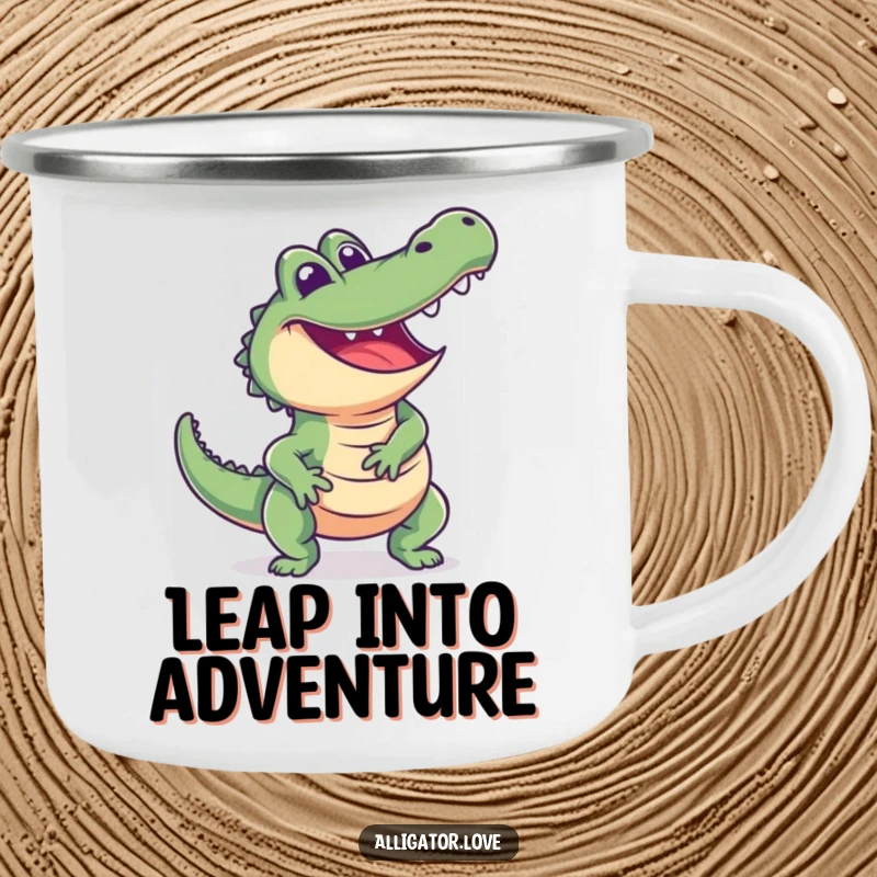 Funny alligator camping mug showing an excited reptile lunging playfully with a happy grin, built for adventure.