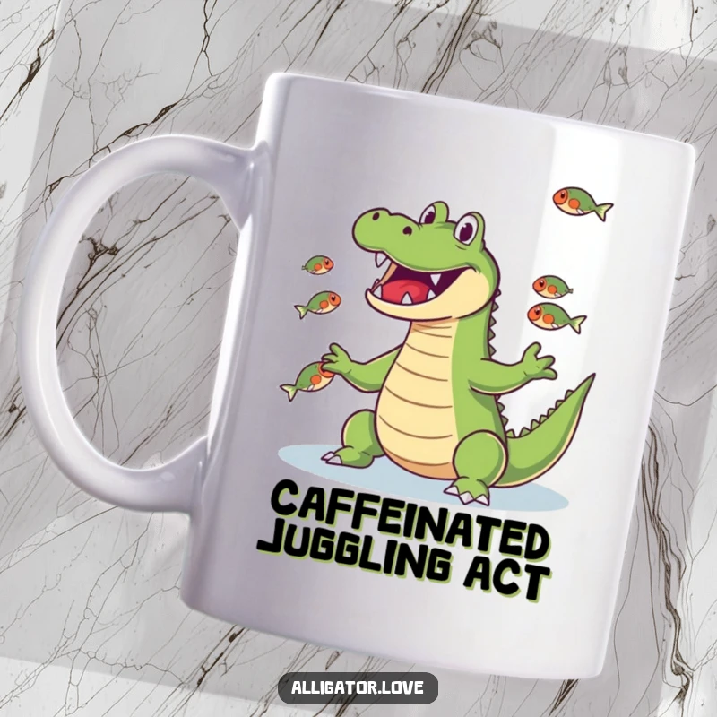 Funny cheerful alligator skillfully juggling small fish with its snout, a humorous mug.