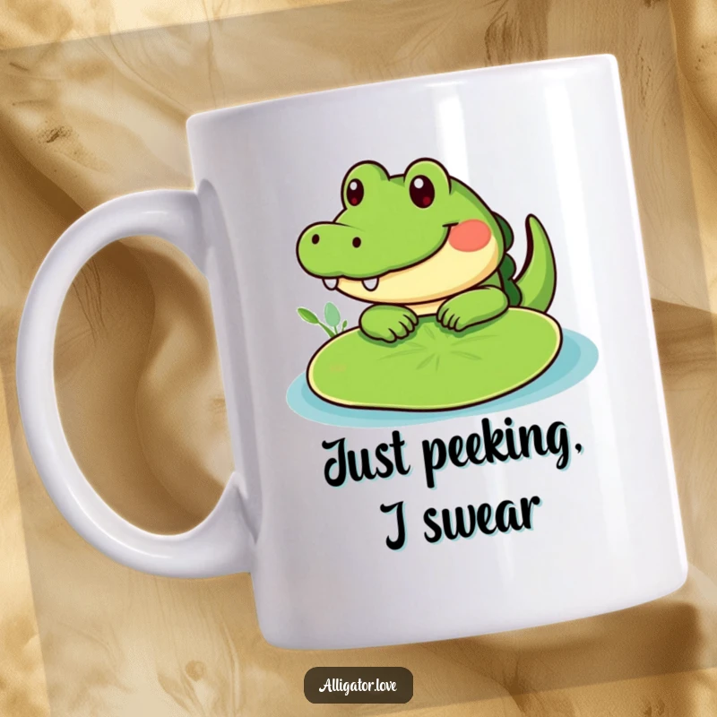 Funny cute alligator peeking shyly from behind a green lily pad, a humorous mug.