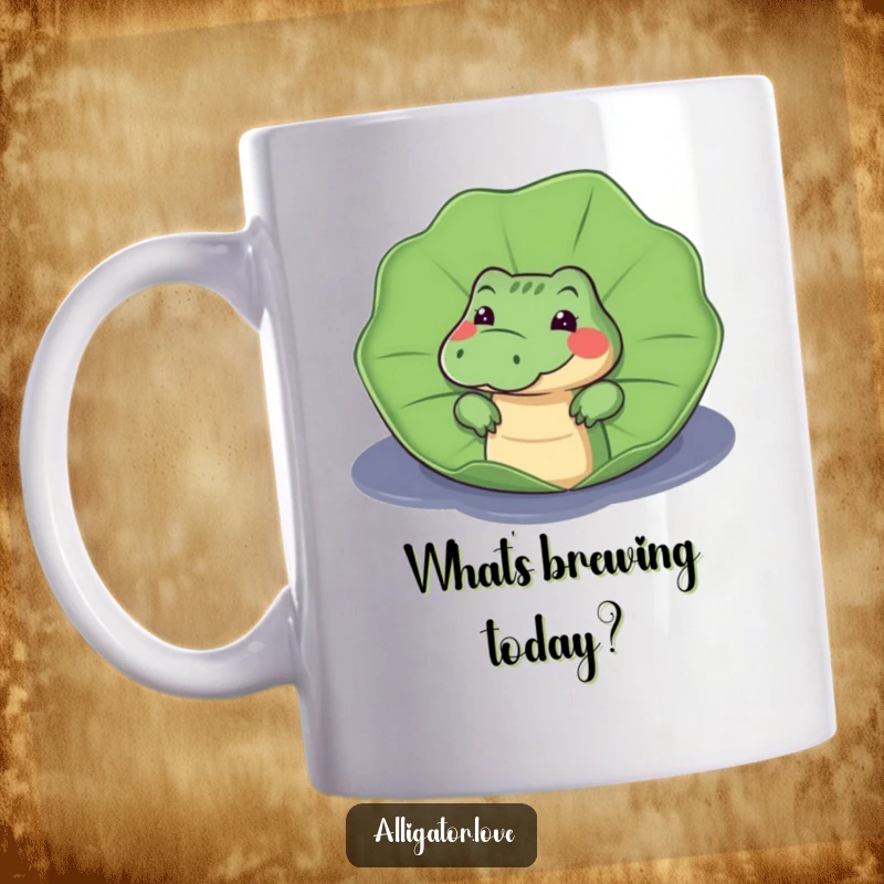 Funny mug featuring a curious alligator peeking playfully from behind a large, green lily pad, with wide, inquisitive eyes.