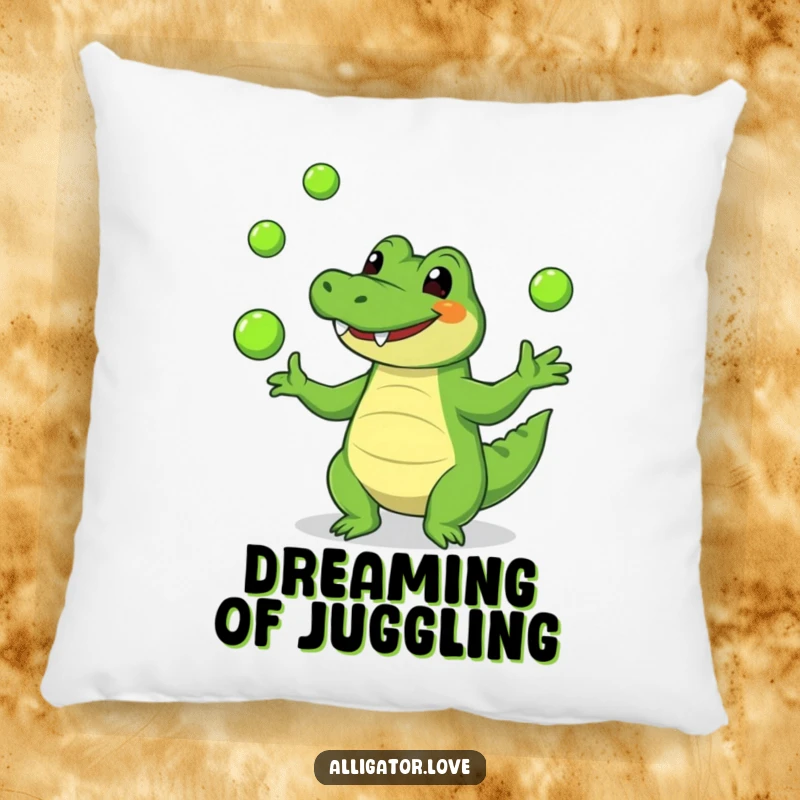 Funny alligator pillow with a smiling reptile juggling green balls, providing comfort and humorous room decor.