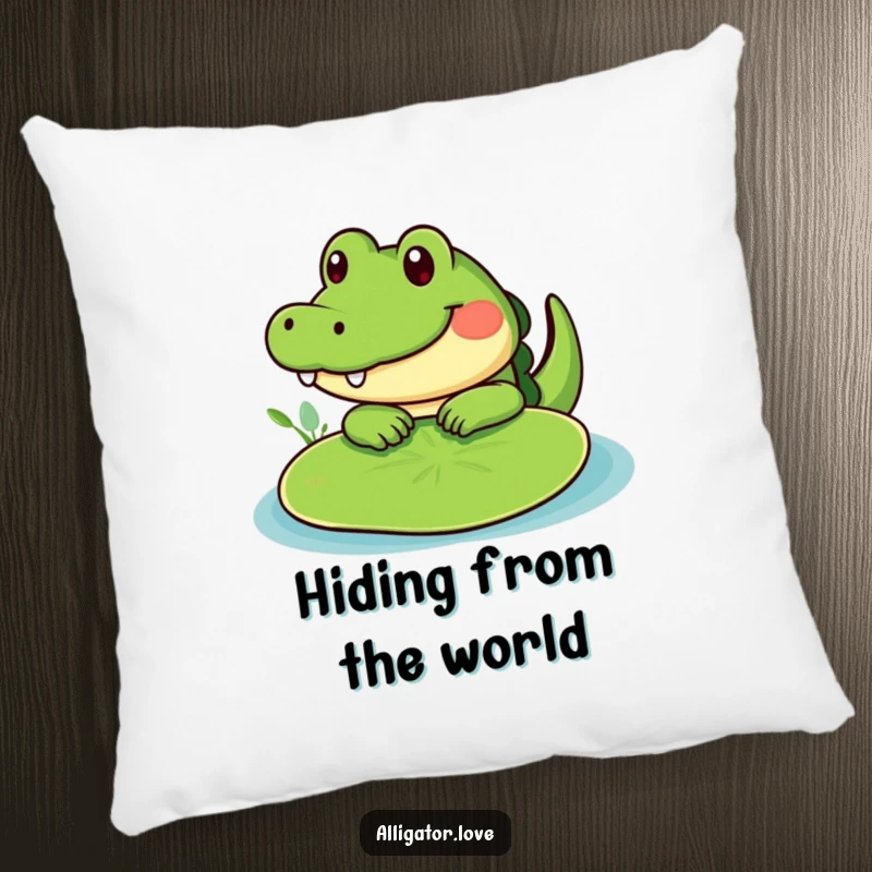 Funny cute alligator peeking from behind a lily pad, a soft and humorous pillow.