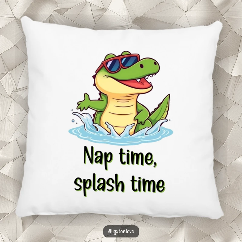 Funny alligator wearing sunglasses, splashing water with joy, a soft and humorous pillow.