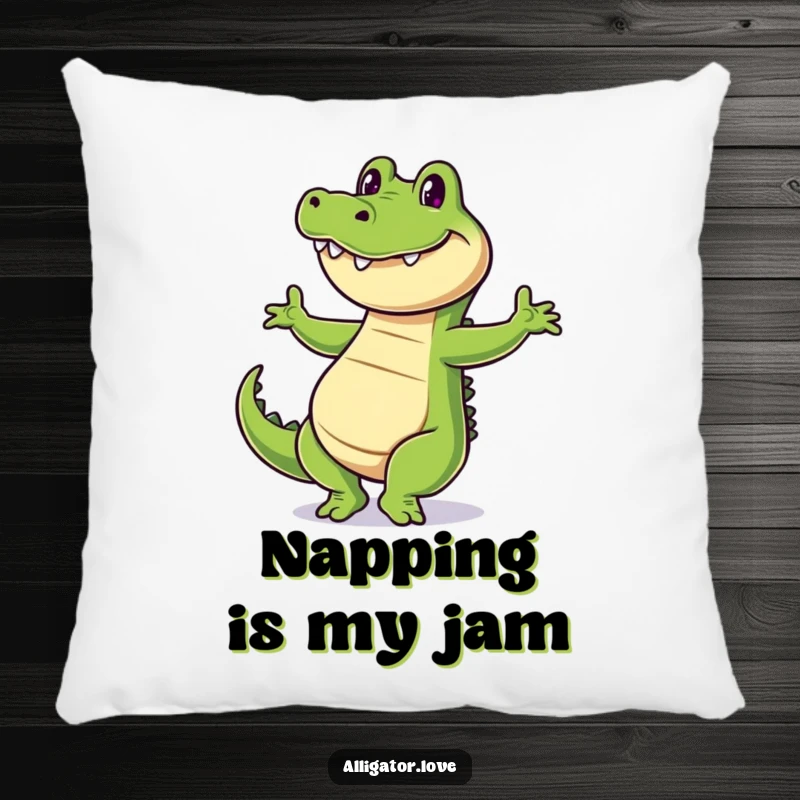 Funny alligator pillow showing a cheerful reptile dancing with a wide grin, offering cozy humor.
