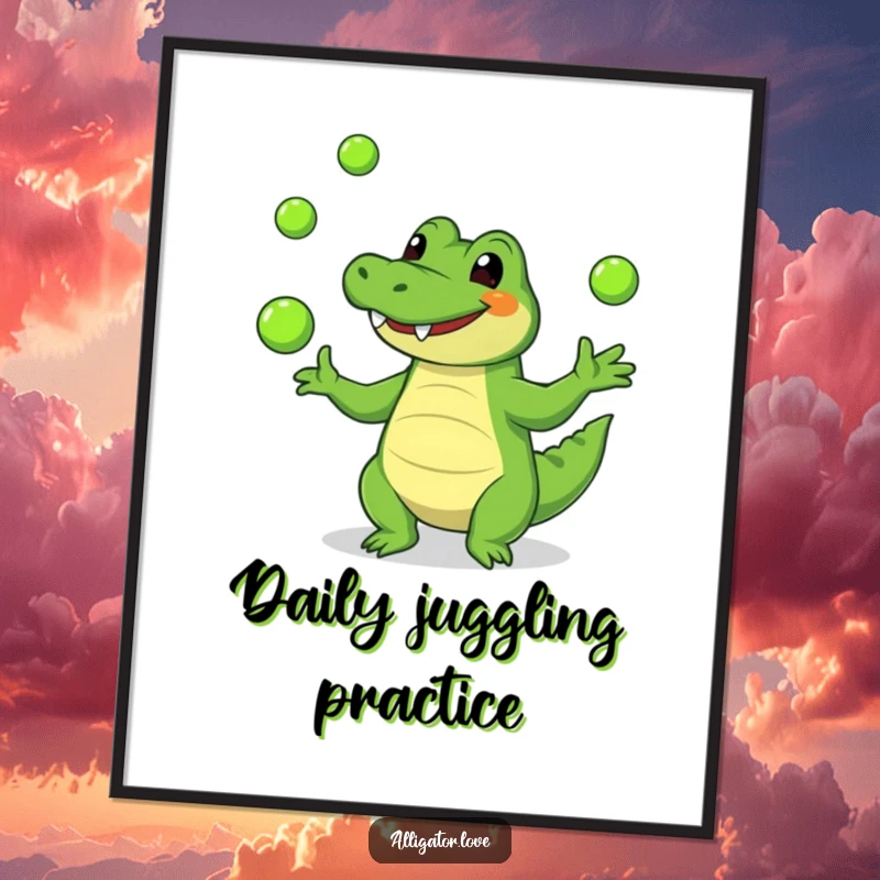 Funny alligator digital art print of a happy reptile juggling green balls, ready to instantly decorate your walls.
