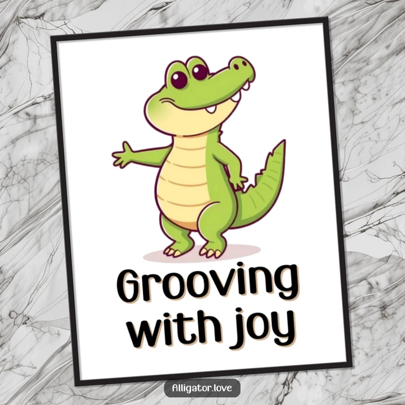 Funny digital art print of a happy alligator in a dynamic dance pose with its tail wagging, full of life.
