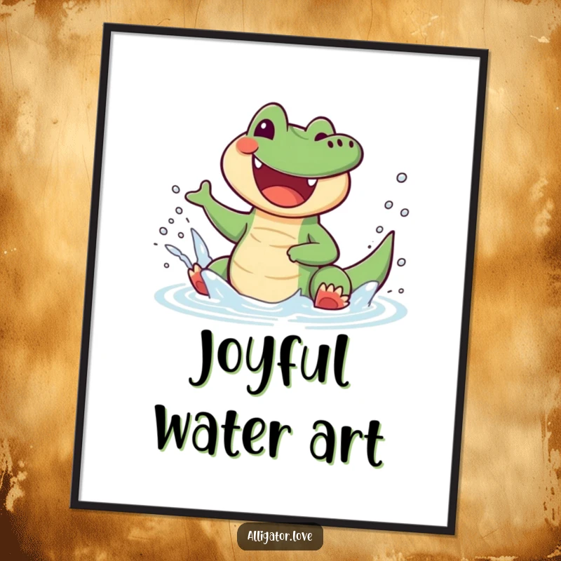 Funny alligator digital art print of a joyful reptile splashing water with glee, ready for instant display.