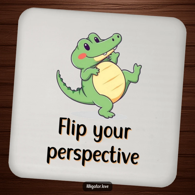 Funny alligator coaster depicting a cute reptile doing a cartwheel with a smile, adding adorable humor to tables.
