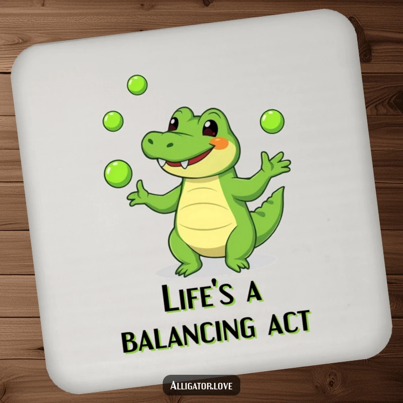 Funny alligator coaster featuring a smiling reptile juggling green balls, protecting surfaces with humor.