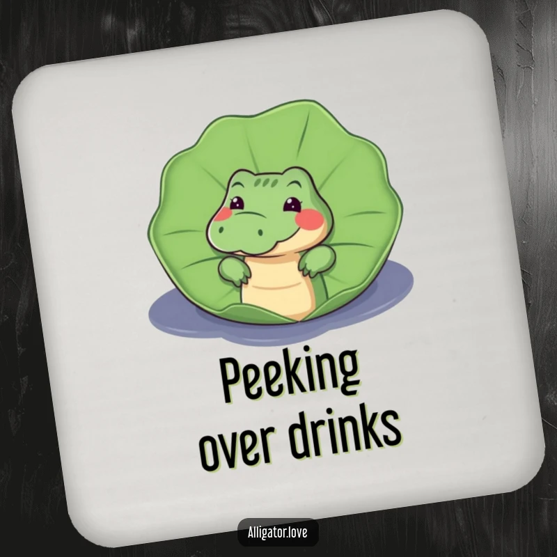 Funny drink coaster featuring a curious alligator peeking from behind a lily pad, adding playful mystery and humor.