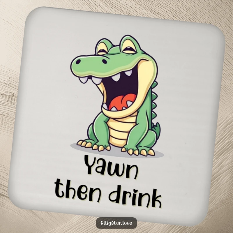 Funny drink coaster featuring a mischievous alligator yawning wide, adding a touch of playful humor to any surface.