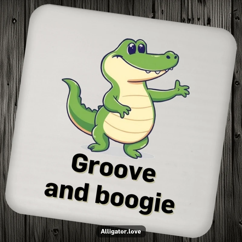 Funny alligator dancing with its tail wagging, a humorous and protective drink coaster.