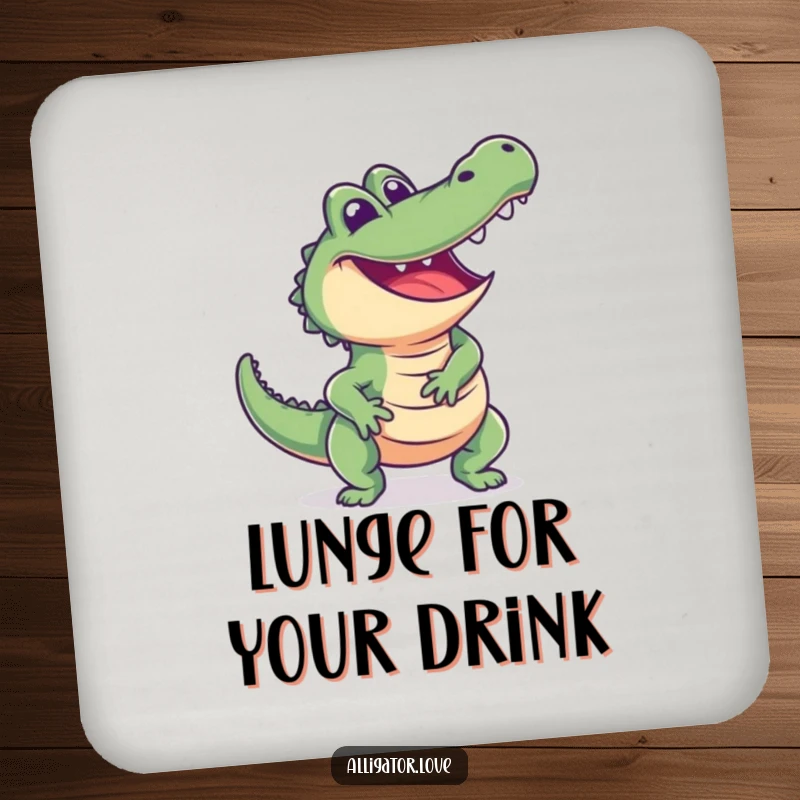 Funny alligator coaster depicting an excited reptile lunging playfully with a happy expression, adding humor to tables.