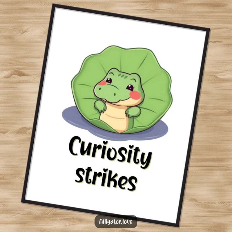 Funny poster showcasing a curious alligator peeking from behind a large lily pad, its eyes full of playful intrigue.