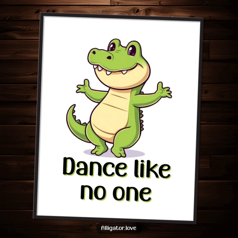 Funny alligator poster capturing a cheerful reptile mid-dance with a wide grin, radiating pure joy and movement.