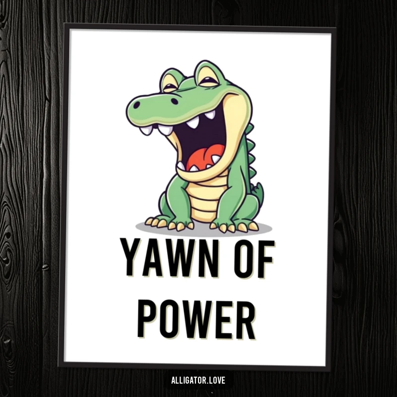 Funny poster showcasing a mischievous alligator's wide, playful yawn, capturing a moment of relaxed humor and personality.