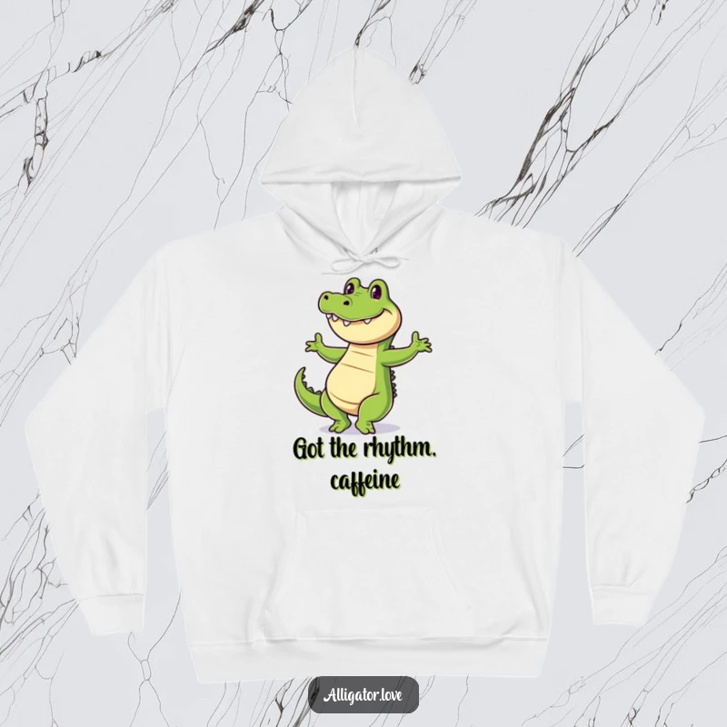 Funny alligator hoodie featuring a cheerful reptile with a wide grin, dancing happily and keeping you warm.