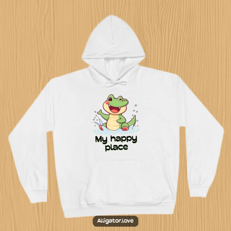 Funny alligator hoodie featuring a joyful reptile splashing water with glee, offering warmth and cheerful humor.