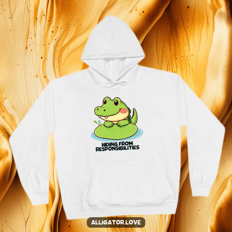 Funny cute alligator peeking from behind a lily pad, a cozy and humorous hoodie.