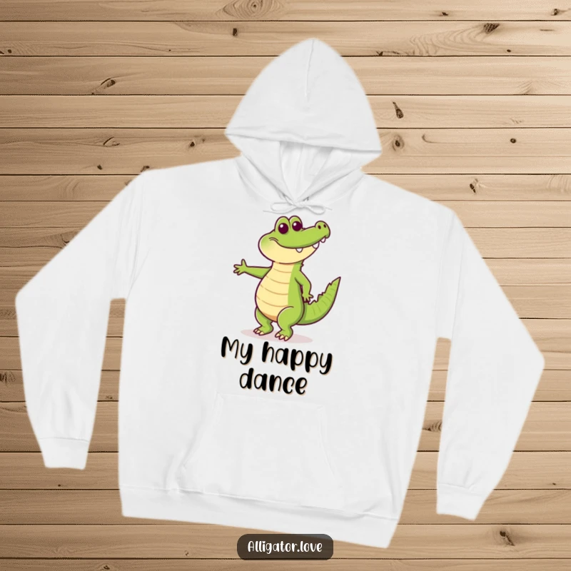 Funny hoodie featuring a happy alligator dancing energetically with its tail wagging, perfect for spreading joy.