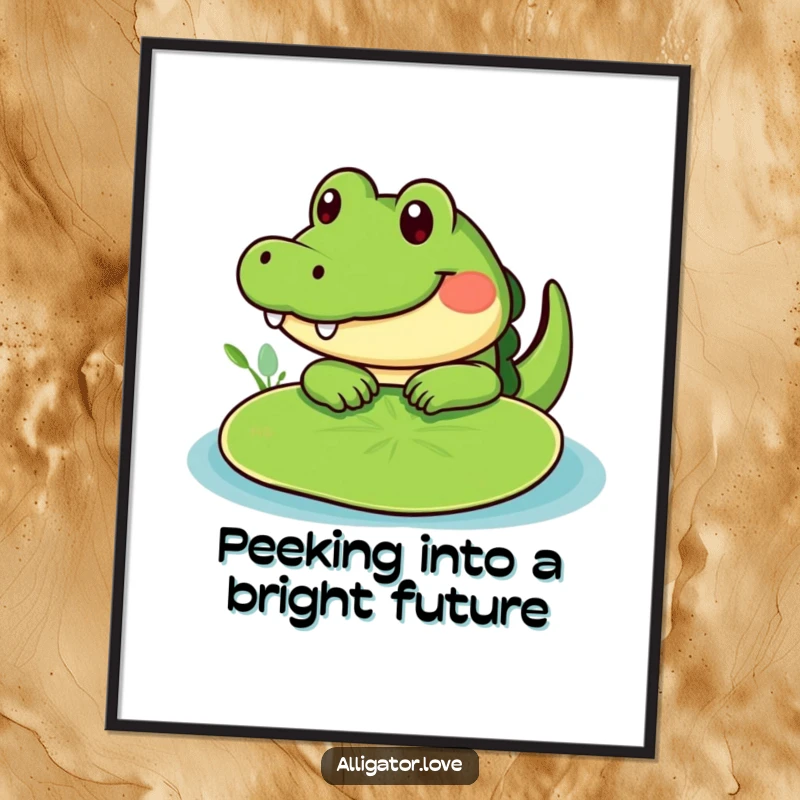 Funny Free Printable Wall Art: A cute alligator peeks playfully from behind a large, green lily pad.