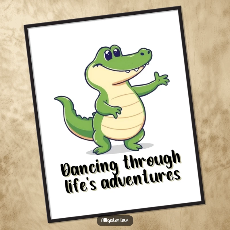 Funny Free Printable Wall Art: A grinning alligator performs a silly, joyful dance with its tail.