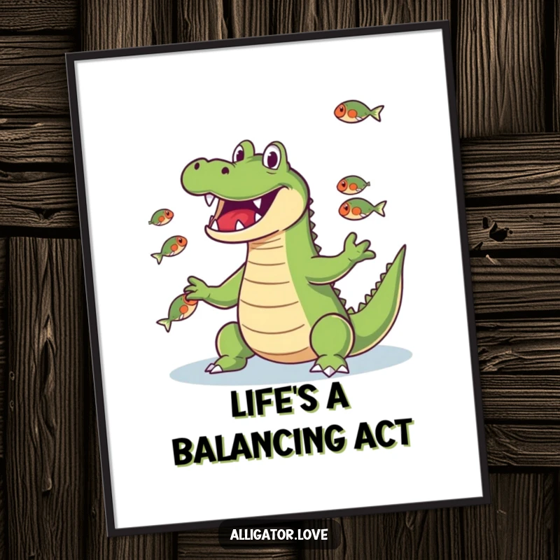 Funny Free Printable Wall Art: A cheerful alligator displays incredible skill juggling small fish with its snout.