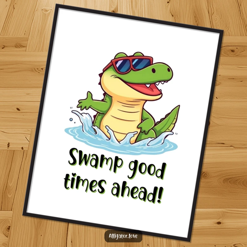 Funny Free Printable Wall Art: A happy alligator wearing sunglasses executes a playful splash, bringing vibrant humor to decor.