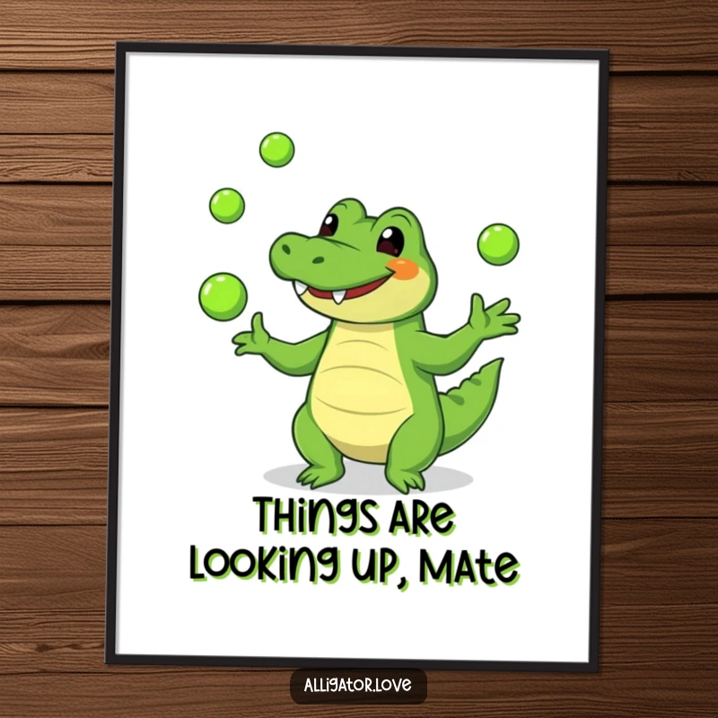 Funny Free Printable Wall Art featuring a happy alligator juggling green balls, a whimsical and humorous downloadable piece.