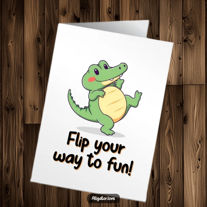 Funny Free Printable Birthday Card: a cute smiling alligator performs a cartwheel, an amusing and delightful DIY gift.