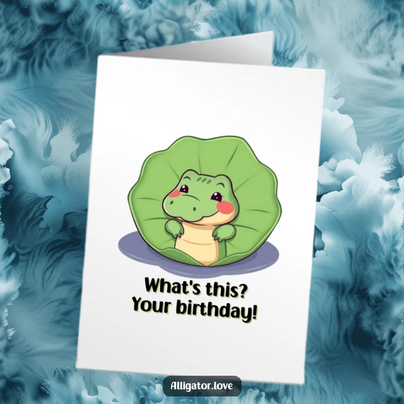 Funny Free Printable Birthday Card: A curious alligator peeking playfully from behind a large, green lily pad.