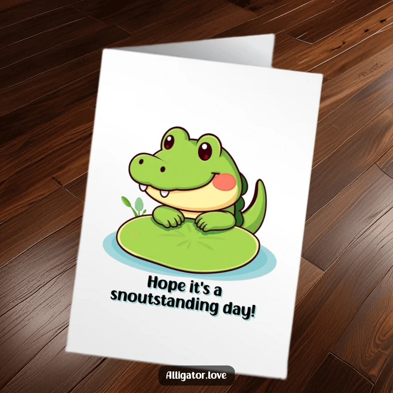 Funny Free Printable Birthday Card: A cute alligator playfully peeks from behind a large green lily pad.