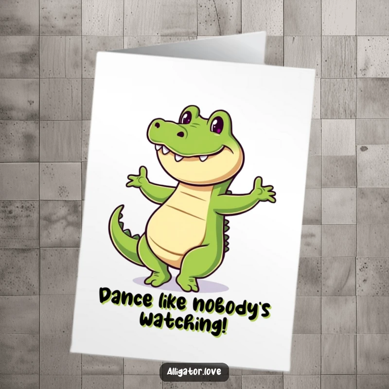 Funny Free Printable Birthday Card: a cheerful alligator enthusiastically dances with a huge grin, a delightful DIY gift.