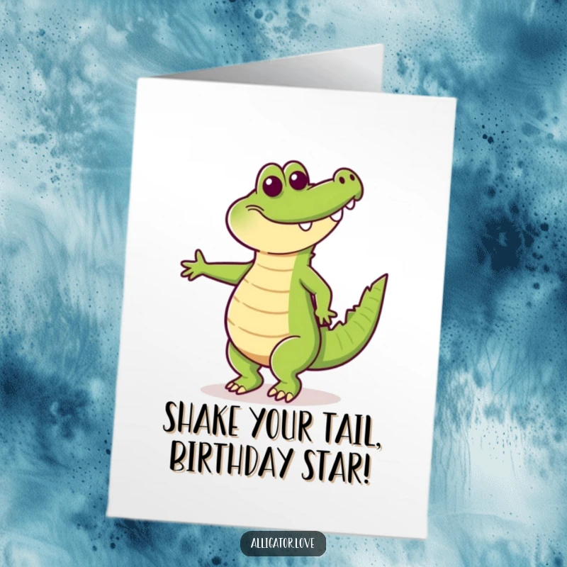 Funny Free Printable Birthday Card: A cheerful alligator dancing ecstatically with its tail wagging happily.