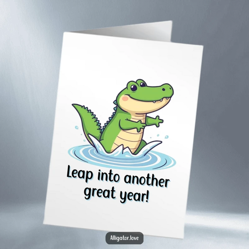 Funny Free Printable Birthday Card: An excited alligator leaping joyfully from the water, ready for birthday fun.
