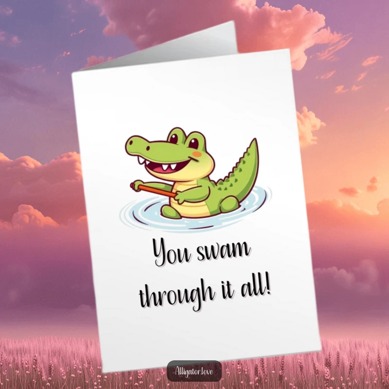 Funny Free Printable Congratulations Card: A joyful alligator paddles happily, celebrating a fantastic accomplishment.
