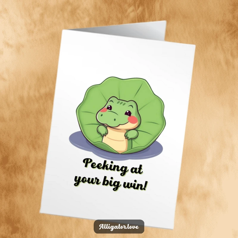 Funny Free Printable Congratulations Card: An alligator curiously peeking out from behind a broad lily pad.
