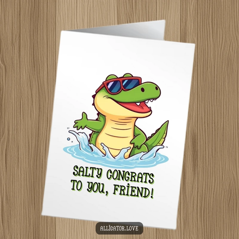 Funny Free Printable Congratulations Card: A happy alligator in sunglasses joyfully splashes, perfect for celebrating success.