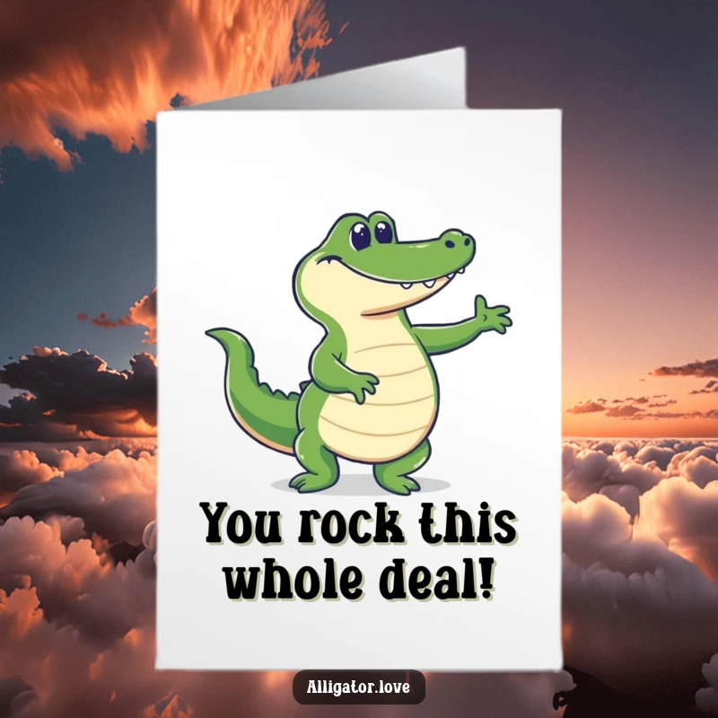 Funny Free Printable Congratulations Card: A grinning alligator does a silly happy dance, celebrating success.