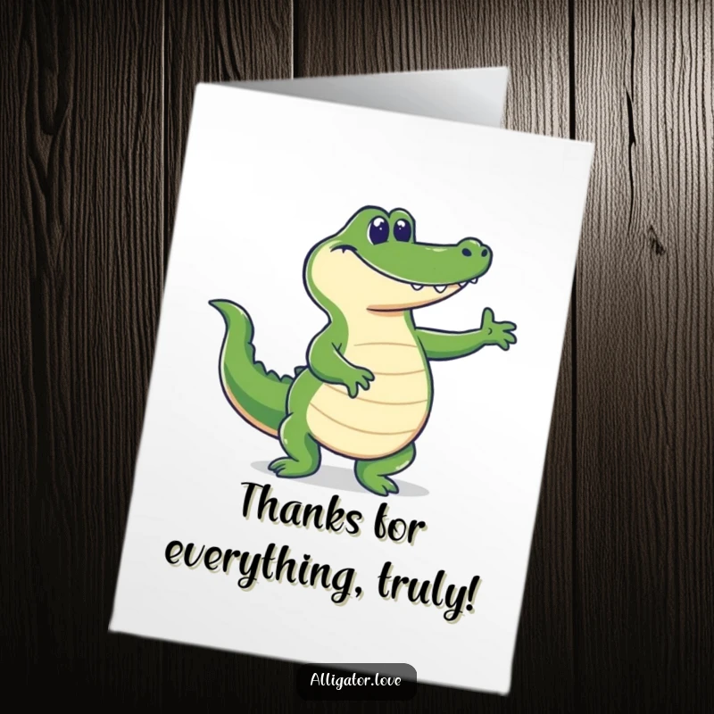 Funny Free Printable Thank You Card: A grinning alligator dances joyfully, showing sincere appreciation.